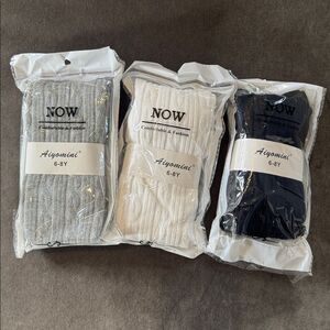 Girls Ribbed Tights 6-8 years Black Gray White (3 Pairs) NEW